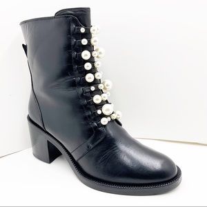 {Zara} Leather & Pearl Moto Ankle Boots